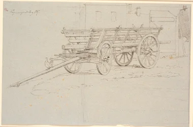 Een oogstwagen met een kakelende kip op de dissel