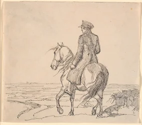 Een Ruiter van Achteren Gezien, Rijdend naar een Uitgestrekt Landschap
