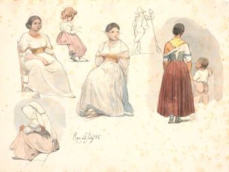 Vier Studies van Italiaanse Vrouwen, een met een Kind aan de Hand, en een Studie van een Kind, en een Studie van een Straatveger