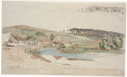 Het dorpsplein in Brofelde. Voor een herhaalde studie van het profiel van de heuvel en het bos