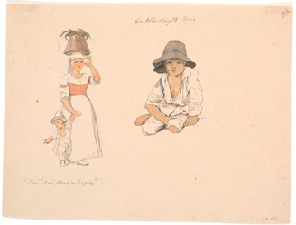 Italiaanse vrouw met een emmer op haar hoofd en een bedelende jongen aan de hand. Rechts studie van een zittende Italiaanse jongen