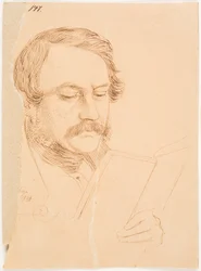 Portret van een man, frontaal, licht naar rechts gewend, lezend.