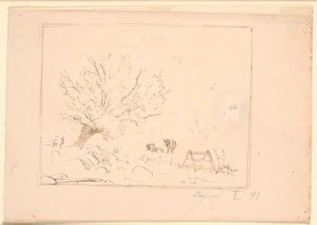 Landschap met een Wilgenboom bij Grote Stenen, een Haan, een Ploeg en Drie Koeien