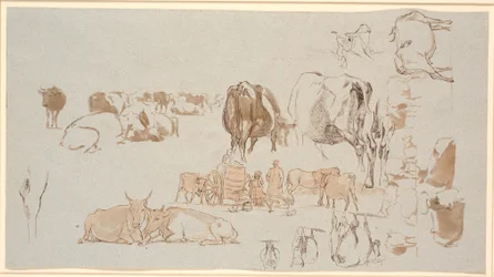 Studieblad. Studies van koeien, in het midden de melkkar met drie meisjes en een herder