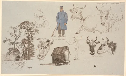 Studieblad van de melkplaats bij Vognserup. Studies van koeien. Links boerderij achter drie hoge bomen, in het midden vooraan zittende melkmeisje met rug naar ons toe en een staande herder. Rechts een herderswagen