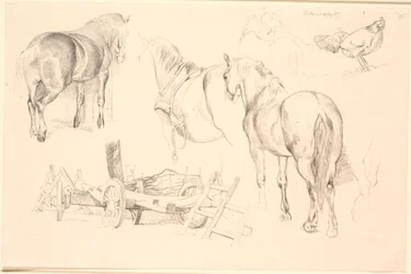 Studieblad met paarden, landbouwgereedschap en een kip op haar nest