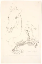 Studier naar antieke sculpturen. Boven een paardenhoofd, onder een reliëf met twee paarden