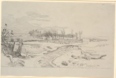 Winterlandschap met een weg die zich door de velden slingert door een poort in een stenen muur