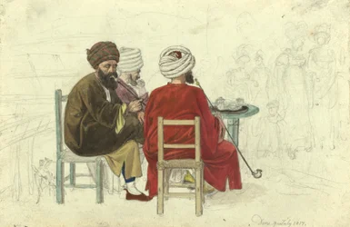 Drie Turken (of Grieken) zittend rond een koffiehuistafel, in koffiehuis Augustini op het Rotenturmbastion