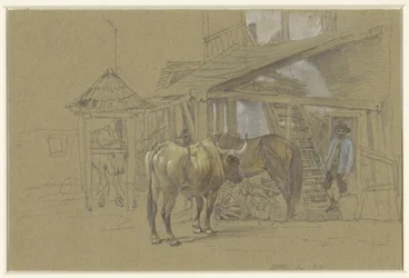 Ossen en een paard bij de hoefsmid