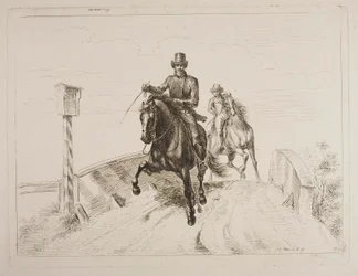 Twee ruiters in galop op een brug