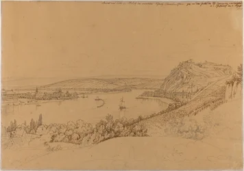 Gezicht op Koblenz met de Rijn en vesting Ehrenbreitstein (recto); Gezicht op kasteel Heidelberg (verso)