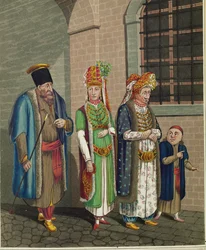 Een familie Turkse joden, in hun typische klederdracht ...