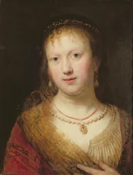 Portret van Saskia, naar een schilderij van haar man Rembrandt Harmens. van Rign (1606-69)