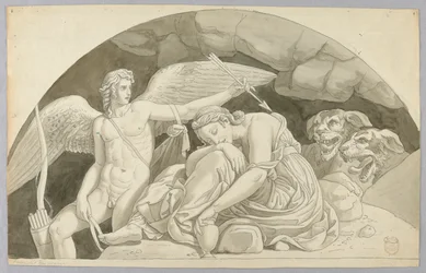 Cupido wekt Psyche die is overweldigd door de inhoud van de vaas gevuld door Proserpina