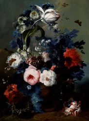 Stilleven van rozen, klaprozen en irissen. Schilderij van Johann Baptist Drechsler (1756-1811) Privécollectie.
