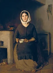 Zittende vrouw in een boerenkeuken