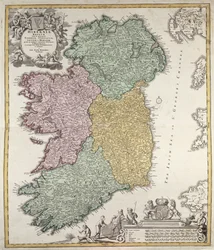 Kaart van Ierland met de provincies Ulster, Munster, Connaught en Leinster, door Johann B. Homann, ca.1730 (handgekleurde gravure)