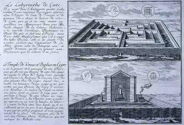 Het Labyrint op Kreta en de Tempel van Venus, Paphos, Cyprus, beide genomen van ontwerpen gevonden op oude Romeinse munten uit 