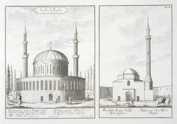 Uitzicht op een moskee in Bursa en een moskee in Hongarije, uit 