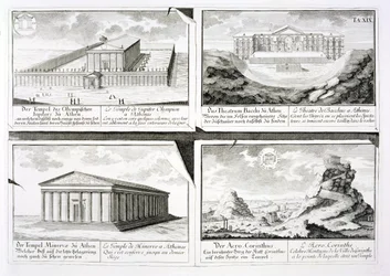 Zichten op vier klassieke gebouwen: De Tempel van Olympische Zeus, het Theater van Dionysus in Athene, de Tempel van Athena in Athene en een Tempel in Korinthe, uit Entwurf einer historischen Architektur