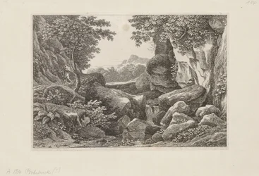 Rotsachtig landschap met een lopende herder links