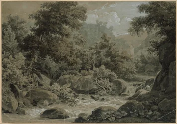 Berg- en boslandschap, met een beek op de voorgrond