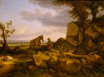 Italiaans landschap met rustende jager, zelfportret