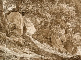 Rotsachtig landschap met Pan die zijn fluit speelt (In het park van de Villa Chigi, Ariccia)