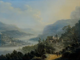Uitgestrekt Rijnlands landschap met reizigers op een weg bij een kasteel