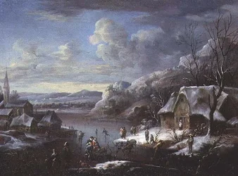 Winterscène met talrijke figuren