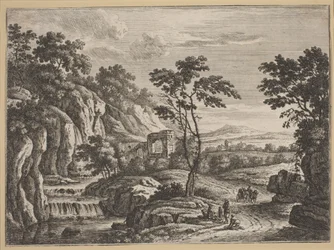 Landschap met Ruïnes en een Waterval