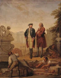 Koning Frederik II van Pruisen (1712-86) en de Markies van Argens (1704-1771) inspecteren de bouw van Sanssouci in Potsdam