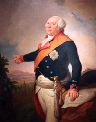 Portret van koning Frederik Willem II van Pruisen (1744-1797) met een ster van de Pruisische Orde van de Zwarte Adelaar, zijn linkerhand rustend op een kaart van Frankfurt, een landschap met het Pruisische leger gelegerd buiten Frankfurt