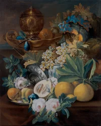 Stillevens met fruit en bloemen