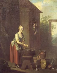 Een dienstmeid die afwas doet in een erf