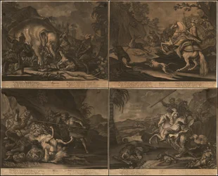 Ca. 1770 allegorische mezzotints van Afrika, Azië, Amerika en Europa op één pagina