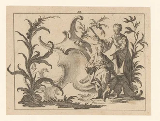Chinees met kop en schotel gezeten in een rococo-ornament, naast hem staat een vrouw met waaier