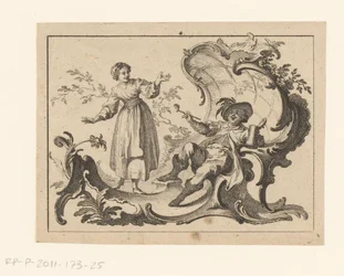 Pijprokende en drinkende man gezeten op een rococo-ornament (Rokers op rococo-ornament)