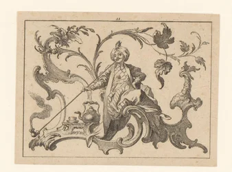 Pijprokende man met tulband gezeten op een rococo-ornament, naast hem een kan, een kop en schotel