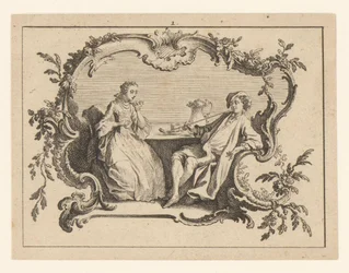 Vrouw en pijprokende man aan tafel in een cartouche