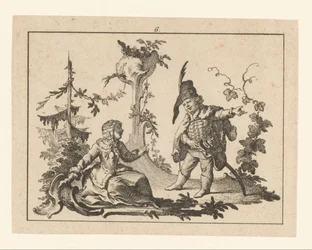 Zittende vrouw met naast haar een staande man met pijp op een rococo-ornament