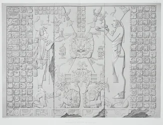 Reliëf dat een priester met offers toont uit het Heiligdom van de Tempel van de Zon, Palenque, platen 29 en 30 uit Oude Monumenten van Mexico, gegraveerd door Werner, 1866