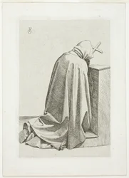 Geknielde pelgrim met kruis en boek