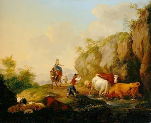 Landschap met herder en boeren