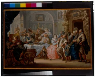 Interieur met elegante figuren in gemaskerde kostuums aan het feesten