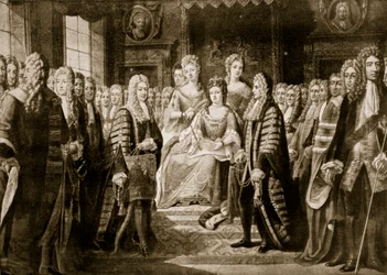 De Artikelen van de Unie worden aangeboden aan koningin Anne, 1706, illustratie uit 