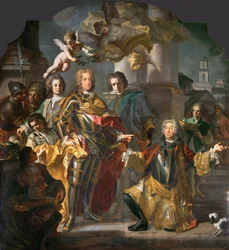 Keizer Karel VI (1685-1740) en graaf Michael Johann von Althann (1679-1722) (Althann overhandigt Karel de inventaris van de schilderijen in de Stallburg in Wenen) - Johann Gottfried Auerbach (1697-1753)