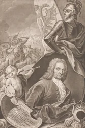 Borstbeeld van de Schilder Georg Philipp Rugendas met Slagveld op de Achtergrond