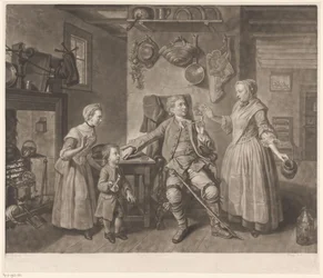 Portret van de toneelspeler David Garrick in de rol van een thuisgekomen boer